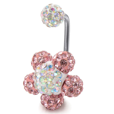 Disco CZ Ball Flower Belly Button Ring 14G Surgical Steel Belly Navel Ring Piercing Jewelry