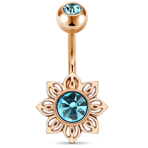 Blue Zirconia Inlaid Sunflower Belly Button Ring 14G Surgical Steel Belly Navel Ring