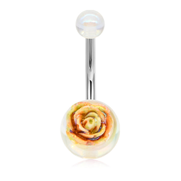 Surgical Steel Belly Button Ring Acrylic Rose Inlaid Clear Ball Navel Belly Ring Piercing