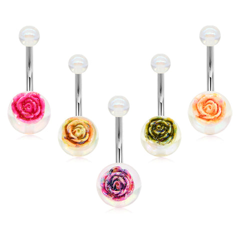 Surgical Steel Belly Button Ring Acrylic Rose Inlaid Clear Ball Navel Belly Ring Piercing
