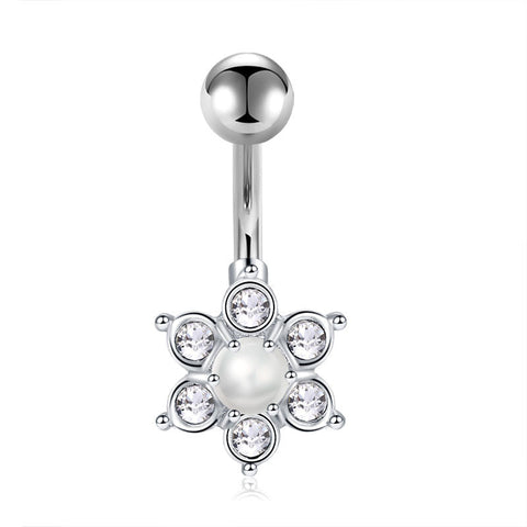 White Pearl Inlaid Flower Belly Button Rings 14G Surgical Steel Belly Navel Ring Piercing