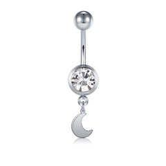 Moon Pendant Dangle CZ Belly Button Ring 14G Surgical Steel Navel Ring Piercing Jewelry