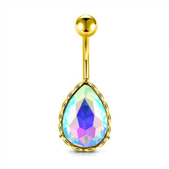 Drip Shaped CZ Inlaid Belly Button Ring 14G Surgical Steel Gold Navel Belly Ring Piercing