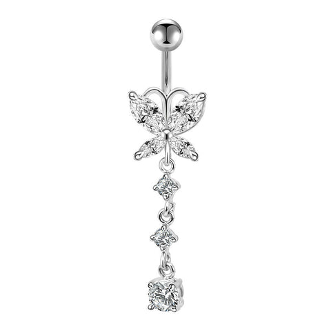 Shiny CZ Butterfly Dangle Belly Button Ring 14G Surgical Steel CZ Navel Ring Piercing Jewelry