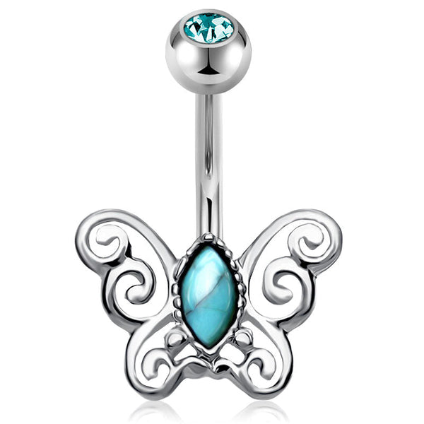 Butterfly Turquoise Inlaid Belly Button Ring 14G Surgical Steel Navel Ring Piercing Jewelry