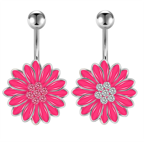 Pink Daisy Flower Belly Button Ring 14G Surgical Steel Bar Navel Ring Piercing Jewelry