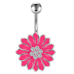 Pink Daisy Flower Belly Button Ring 14G Surgical Steel Bar Navel Ring Piercing Jewelry