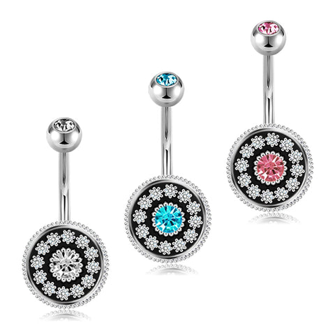 Vintage Round Belly Ring CZ Inlaid Belly Button Rings Stainless Steel Navel Piercing Jewelry