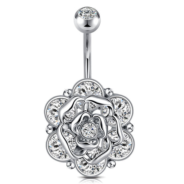 Big CZ Rose Flower Belly Button Ring 14G Surgical Steel Belly Navel Ring Piercing Jewelry
