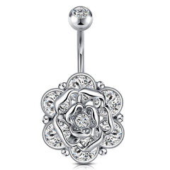 Big CZ Rose Flower Belly Button Ring 14G Surgical Steel Belly Navel Ring Piercing Jewelry