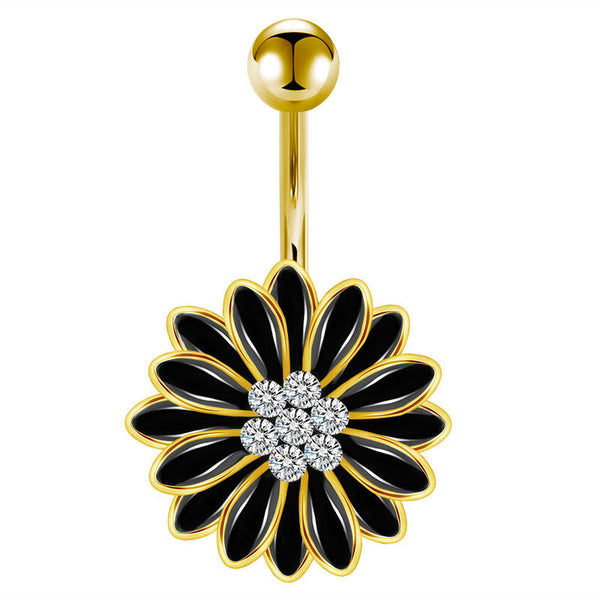 Black Daisy Flower Belly Button Ring 14G Surgical Steel Bar Navel Ring Piercing Jewelry