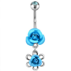 Blue Butterfly Flower Dangel Belly Button Ring 14G Surgical Steel Navel Ring Piercing Jewelry