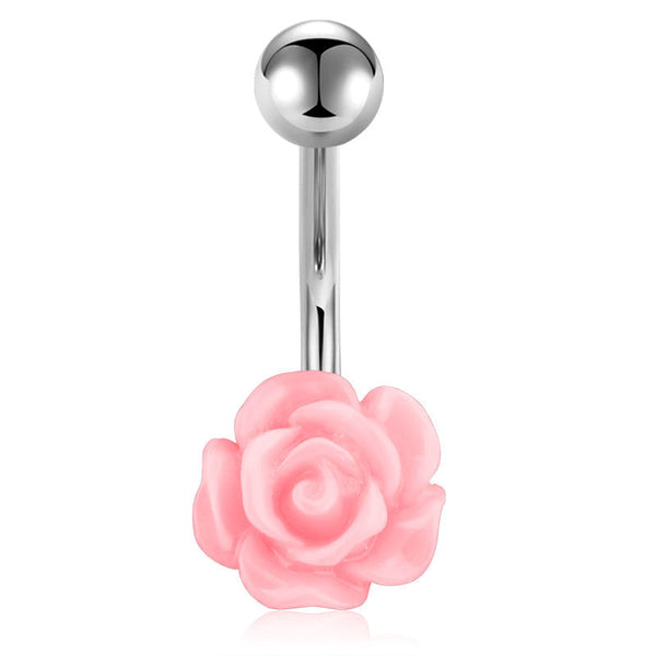 Acrylic Pink Rose Belly Button Ring 14G Surgical Steel Bar Navel Ring Piercing Jewelry