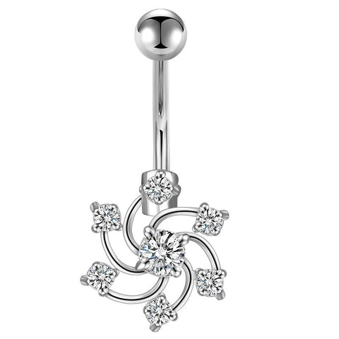 CZ Pave Hibiscus Flower Belly Button Ring 14G Surgical Steel Navel Ring Piercing Jewelry