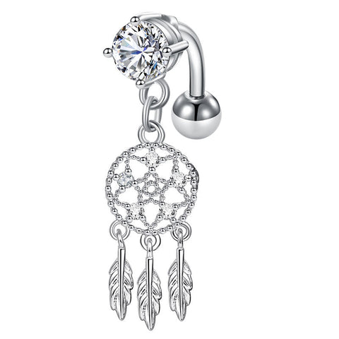 CZ Dream Catcher Dangled Reverse Belly Button Ring 14G Surgical Steel Top Down Navel Ring