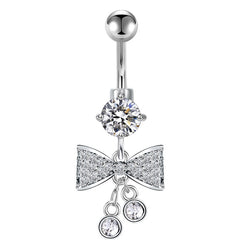 CZ Bow Pendant Dangle Belly Button Ring 14G Surgical Steel Belly Navel Ring Piercing Jewelry