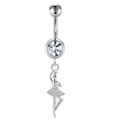 Ballet Dancer Pendant CZ Belly Button Ring 14G Surgical Steel Navel Belly Piercing Jewelry
