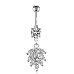 Leaf Pendant CZ Dangle Belly Button Ring 14G Surgical Steel Navel Ring Piercing Jewelry
