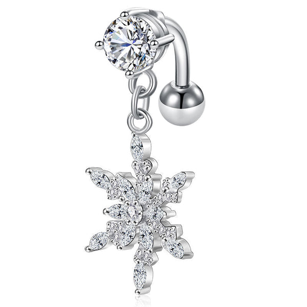 CZ Snowflake Dangled Reverse Belly Button Ring 14G Surgical Steel Top Down Navel Piercing