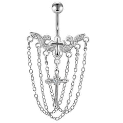 Tassel Cross Belly Button Ring With Chain 14G Surgical Steel Dangle Navel Belly Piercing