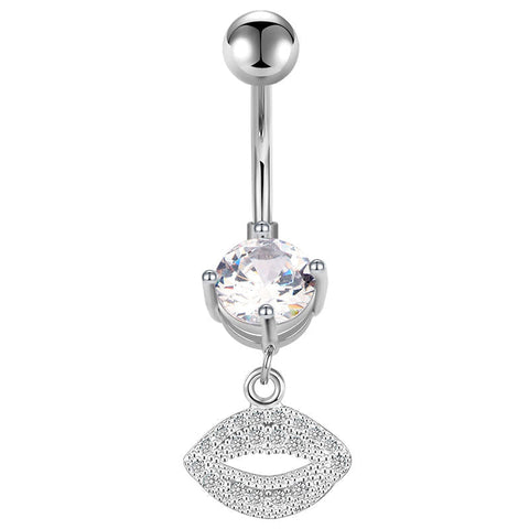 CZ Lip Pendant Belly Button Ring 14G Surgical Steel Dangle Navel Belly Ring Piercing Jewelry