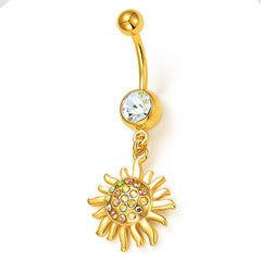 Golden Sun Pendant Belly Button Ring 14G Surgical Steel Dangle Navel Belly Piercing Jewelry