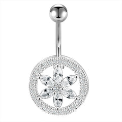 Round Flower Belly Button Ring CZ Paved 14G Surgical Steel Navel Ring Piercing Jewelry