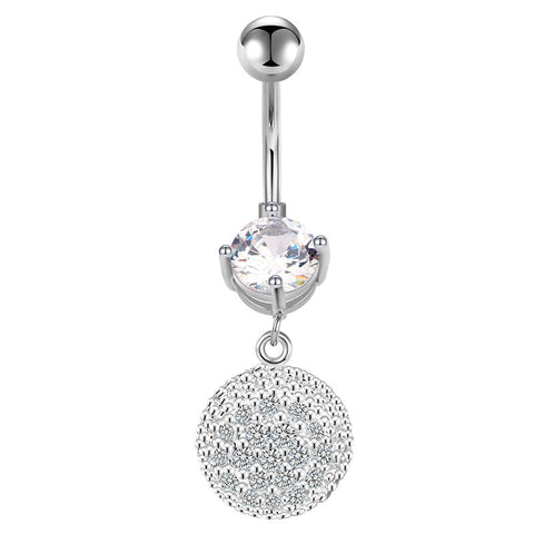 CZ Paved Half Ball Pendant Belly Button Ring 14G Surgical Steel Dangle Navel Ring Piercing