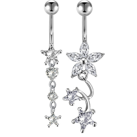 CZ Little Star Pendant Belly Button Ring 14G Surgical Steel Dangle Navel Belly Ring Piercing
