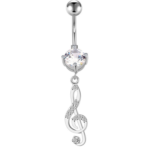 CZ Musical Note Pendant Belly Button Ring 14G Surgical Steel Dangle Navel Belly Ring Piercing