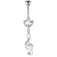 CZ Musical Note Pendant Belly Button Ring 14G Surgical Steel Dangle Navel Belly Ring Piercing