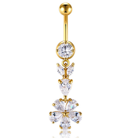 Gold Belly Button Ring CZ Flower Pendant 14G Surgical Steel Dangle Navel Belly Ring Piercing