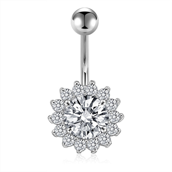 Big Diamond Flower Belly Button Ring CZ Paved 14G Surgical Steel Navel Ring Piercing Jewelry