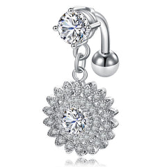 CZ Flower Dangle Reverse Belly Button Ring 14G Surgical Steel Top Down Navel Ring Piercing