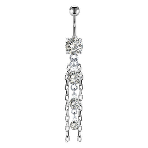 Pendant Belly Button Ring Triple CZ Chain Dangling 14G Surgical Steel Navel Ring Piercing