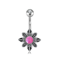 Vintage Flower Belly Ring Opal Inlaid Belly Button Ring 14G Navel Piercing Jewelry