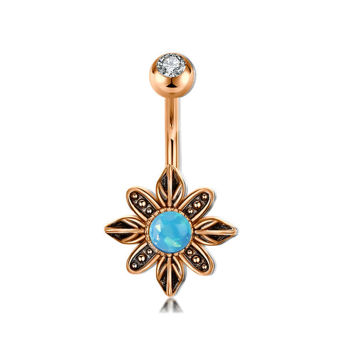 Vintage Flower Belly Ring Opal Inlaid Belly Button Ring 14G Rose Gold Navel Piercing Jewelry