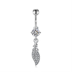 CZ Paved Leaf Dangling Belly Button Ring 14G Surgical Steel CZ Navel Ring Piercing Jewelry