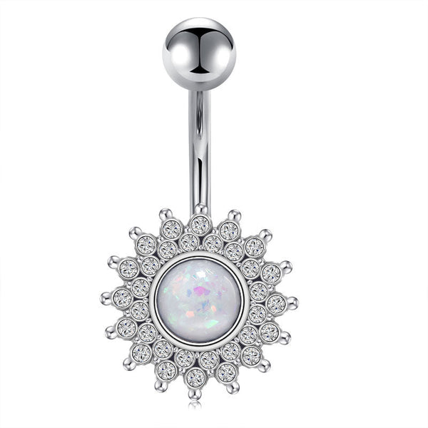 CZ And Opal Sunflower Belly Button Ring 14G Surgical Steel CZ Navel Ring Piercing Jewelry