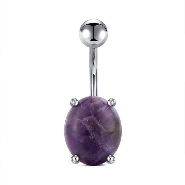 Oval Purple Crystal 4-Claws Belly Button Ring 14G Surgical Steel Belly Navel Ring Piercing