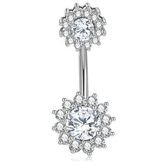 Double Side CZ Flower Belly Button Ring 14G Surgical Steel Belly Navel Ring Piercing