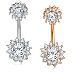 Double Side CZ Flower Belly Button Ring 14G Surgical Steel Belly Navel Ring Piercing