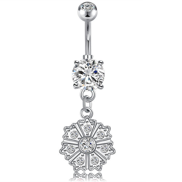 CZ Flower Dangel Belly Button Ring 14G Surgical Steel Belly Navel Ring Piercing Jewelry