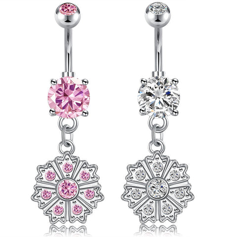 CZ Flower Dangel Belly Button Ring 14G Surgical Steel Belly Navel Ring Piercing Jewelry