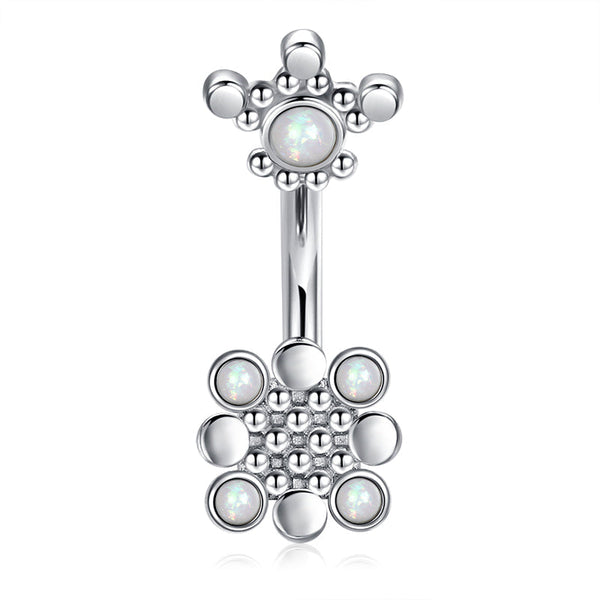 Square End Belly Button Ring With White Opal Stainless Steel 14 G Navel Piercing