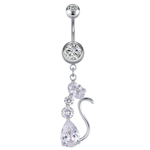 CZ Cat Kitte Pendant Belly Button Ring 14G Surgical Steel Dangle Navel Belly Ring Piercing
