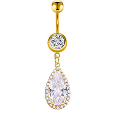 CZ Drip Pendant Belly Button Ring Golden 14G Surgical Steel Dangle Navel Belly Ring Piercing