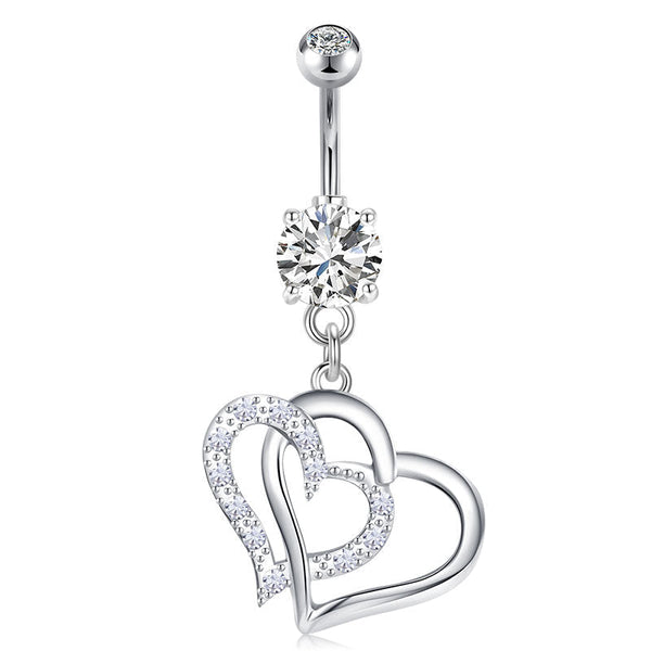 Hollow Out Double Heart Pendant Belly Button Ring 14G Surgical Steel Dangle Navel Belly Ring