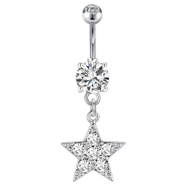 CZ Paved Star Pendant Belly Button Ring 14G Surgical Steel Dangle Navel Belly Ring Piercing