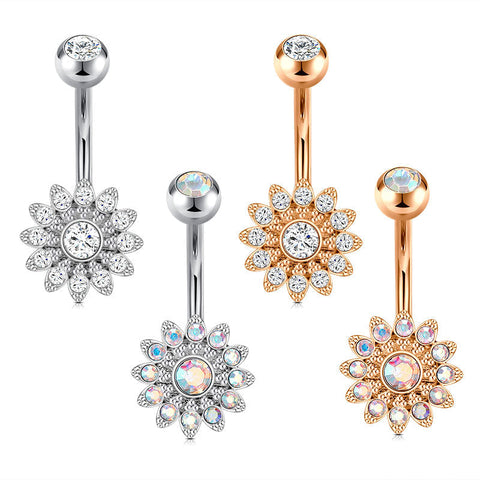Sun Flower CZ Pave Belly Button Ring 14G Surgical Steel Belly Navel Ring Piercing Jewelry